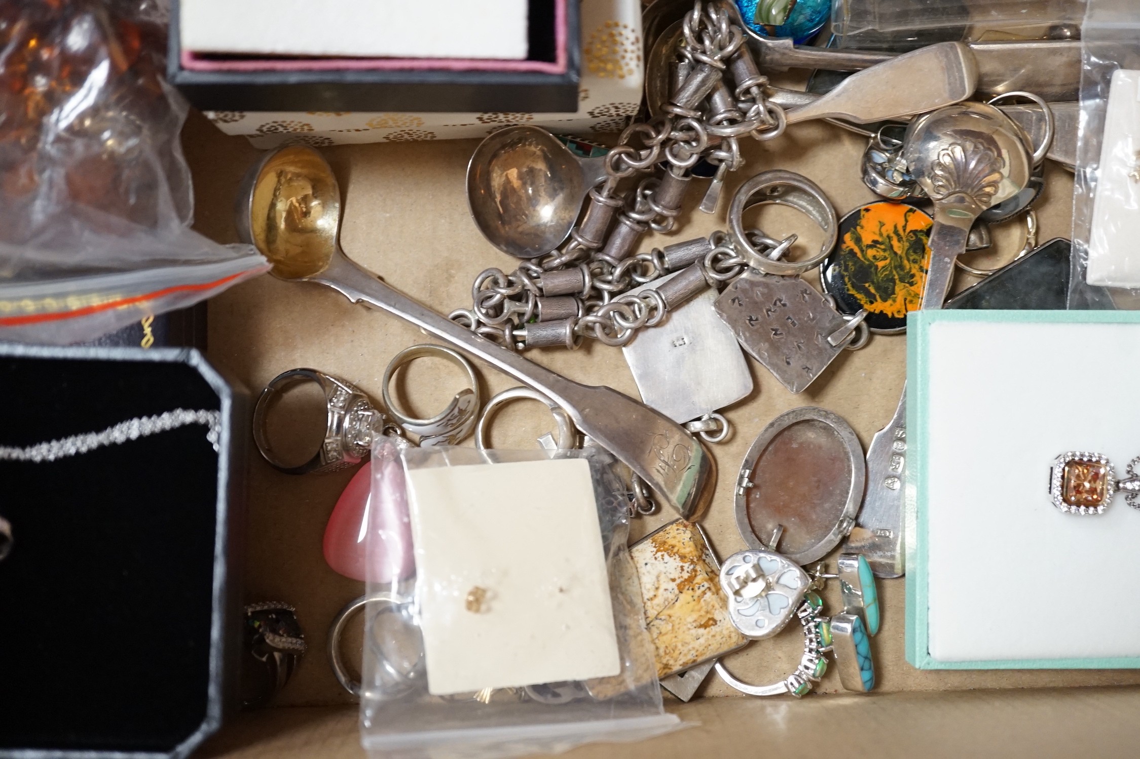 Assorted costume jewellery including silver jewellery.
